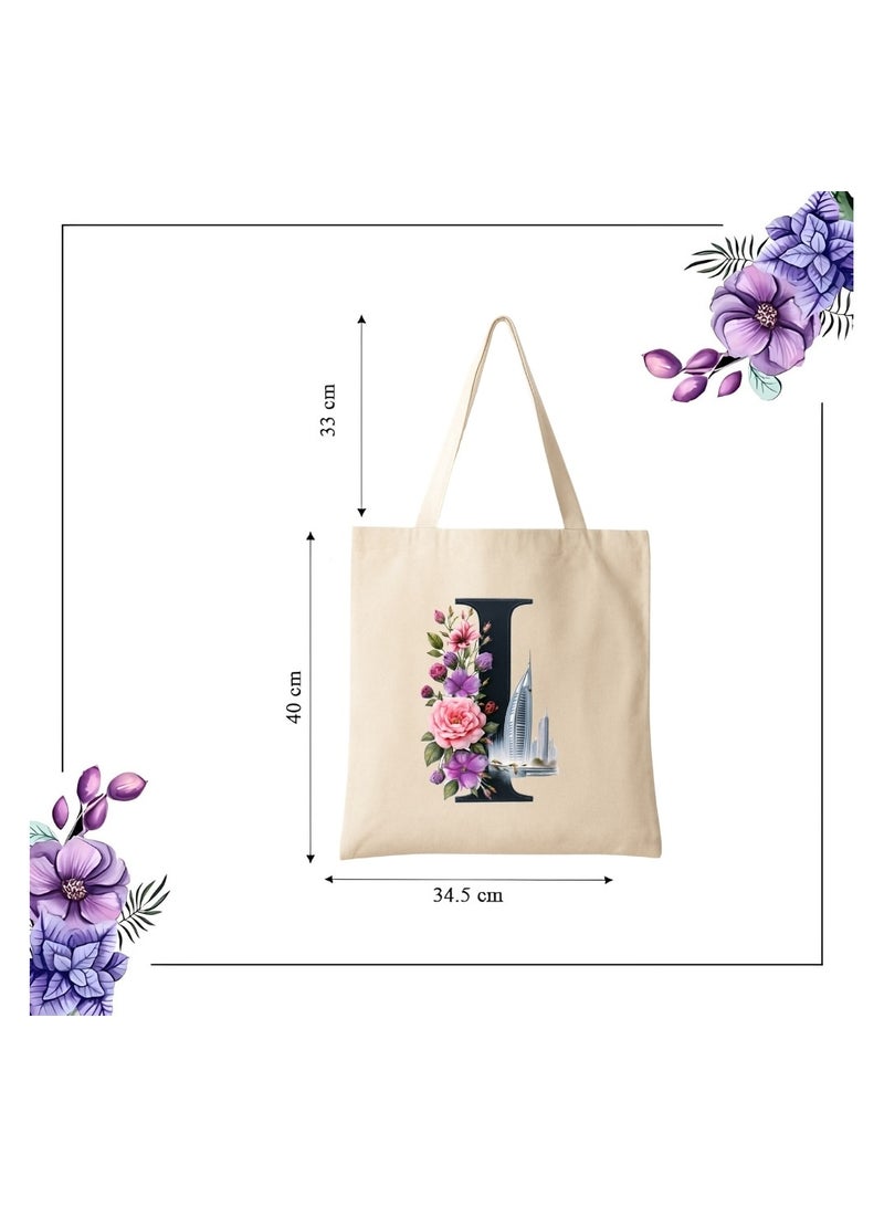 PRINTSHOP4ME Eco-Friendly Initial Tote Bag  – Canvas Shopping Bag With Floral & Dubai Skyline Print | Reusable Bridesmaid Gift,Wedding Favor,Everyday Carryall - Image 3