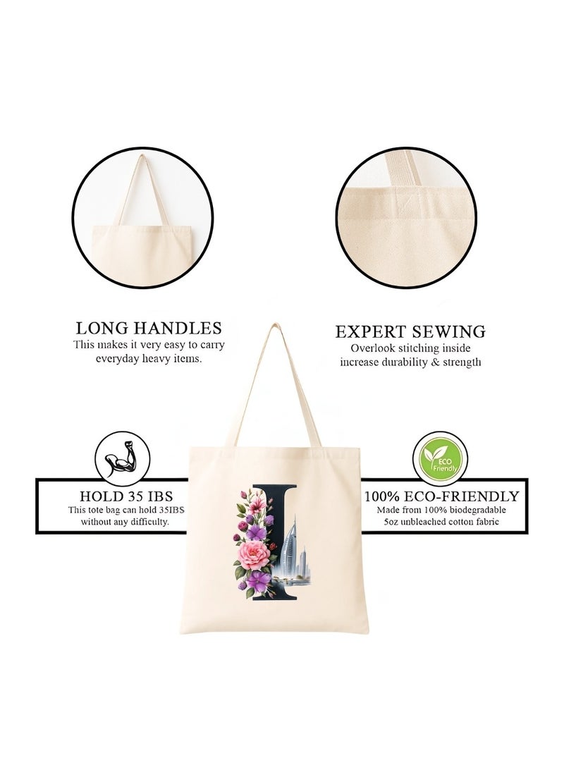 PRINTSHOP4ME Eco-Friendly Initial Tote Bag  – Canvas Shopping Bag With Floral & Dubai Skyline Print | Reusable Bridesmaid Gift,Wedding Favor,Everyday Carryall - Image 4