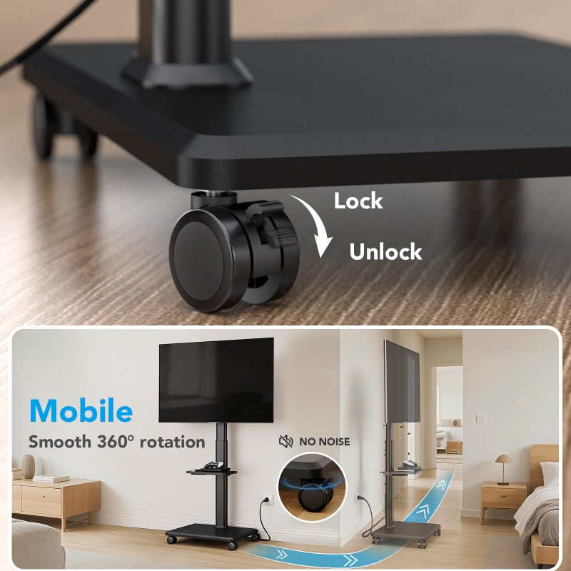 AX WABER Mobile TV Stand with Power Outlets&Shelf, Floor Portable TV Stand with Wheels for 27-65Inch LCD LED OLED Flat/Curved Panel Screen, Swivel,Height Adjustable&Wood Base, RollingTV Cart Black - Image 5