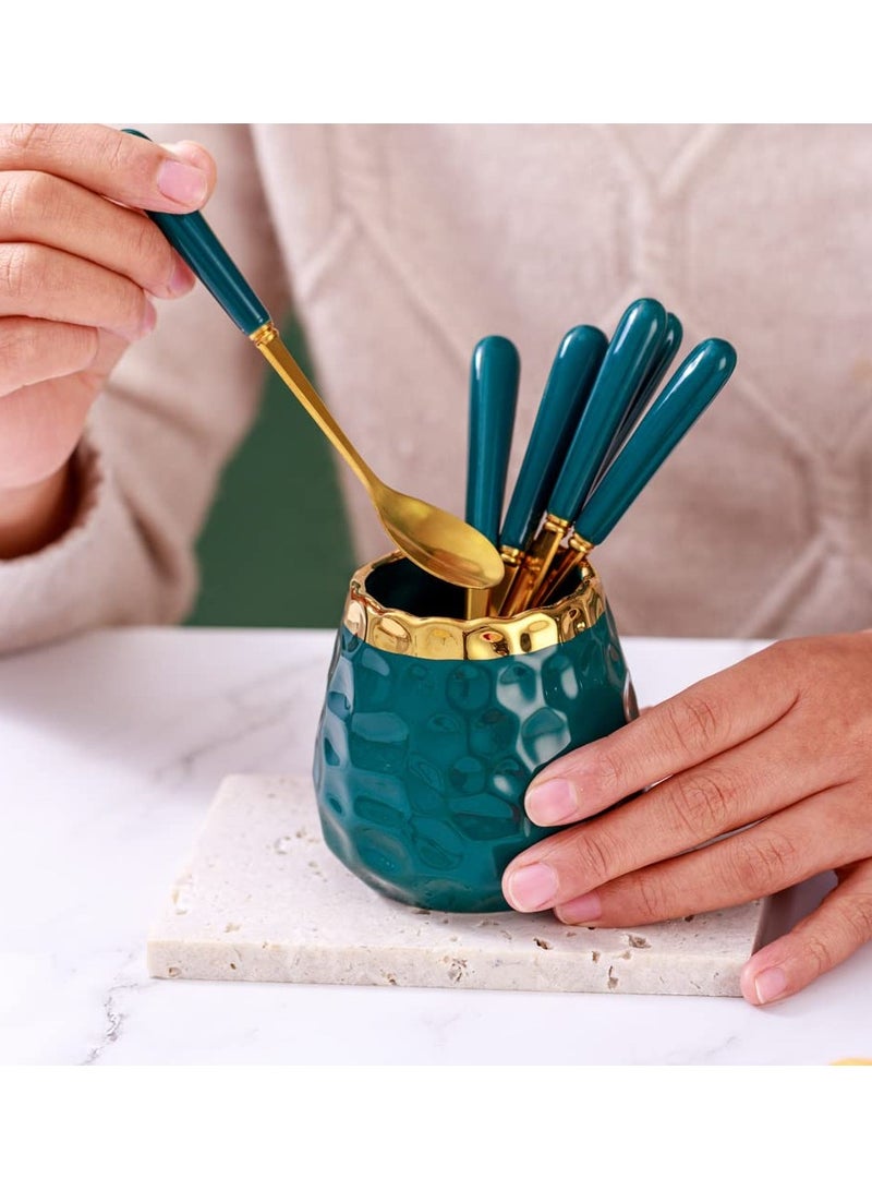 Excefore Coffee Dessert Spoon Set Coffee Spoon Holder Ceramic Jar Spoon Organizer with Ice Cream Metal Spoons Teaspoons Coffee Dessert Flatware - Image 4