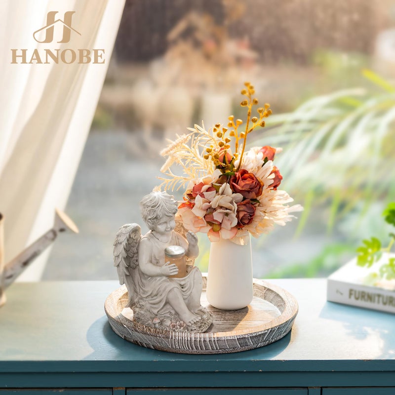 Hanobe Decorative Tray for Coffee Table: Round Candle Plate Holder Centerpieces for Dining Room Kitchen - Wooden Farmhouse Tray Vintage Home Decor - Image 3