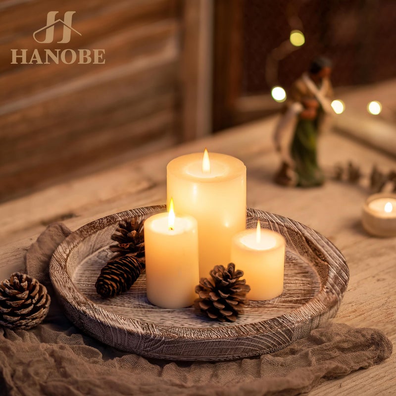 Hanobe Decorative Tray for Coffee Table: Round Candle Plate Holder Centerpieces for Dining Room Kitchen - Wooden Farmhouse Tray Vintage Home Decor - Image 2