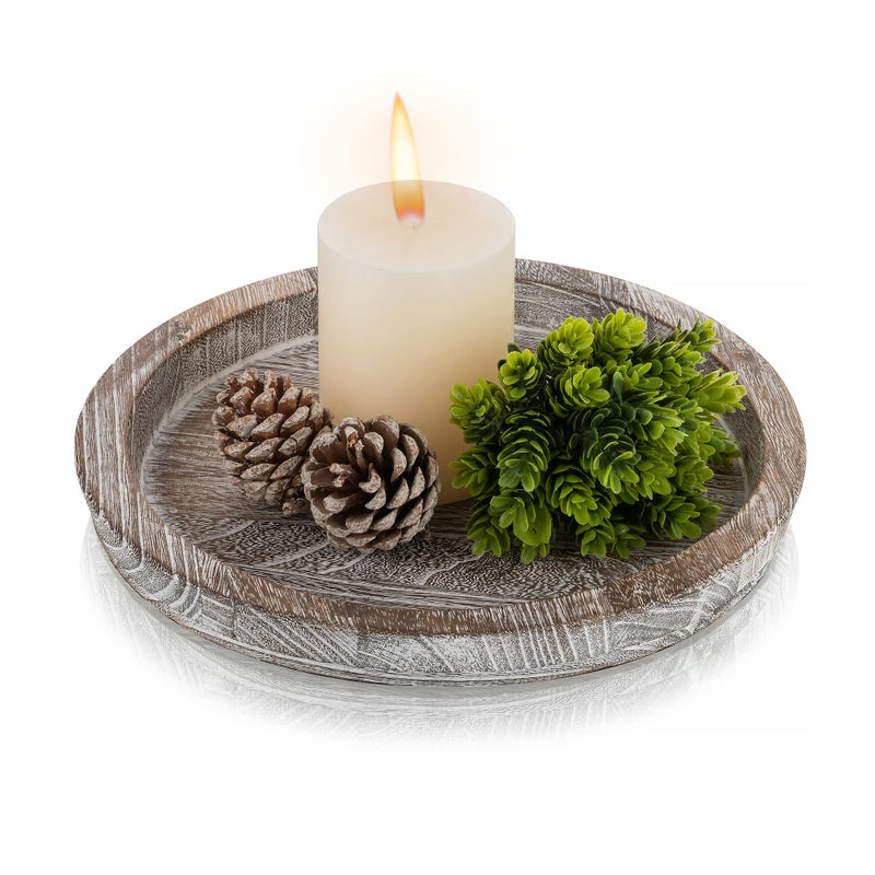 Hanobe Decorative Tray for Coffee Table: Round Candle Plate Holder Centerpieces for Dining Room Kitchen - Wooden Farmhouse Tray Vintage Home Decor - Image 1