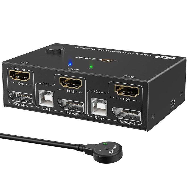 KCEVE DP HDMI KVM Switch For 2 Computers 2 Monitors, Dual Displayport USB 2.0 Switcher Supports 4K@60Hz, Share Keyboard, Mouse And Monitor,8_Way - Image 1