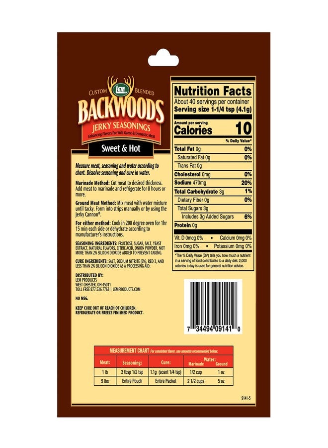 LEM Products Backwoods Sweet & Hot Jerky Seasoning, Ideal for Wild Game and Domestic Meat, Seasons Up to 5 Pounds of Meat, 5.8 Ounce Packet with Pre-Measured Cure Packet Included - Image 2