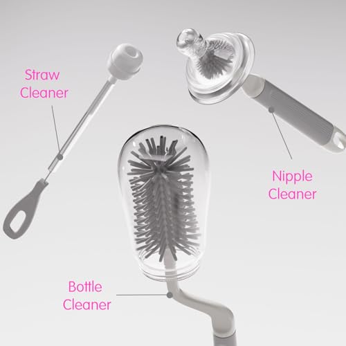 LILBEE 3-in-1 Silicone Baby Bottle Brush Set | 360° Rotating Bottle & Straw Cleaner | Soft Bristles, Anti-Slip Handle | BPA-Free, Multipurpose Baby Cleaning Kit (Grey) - Image 4