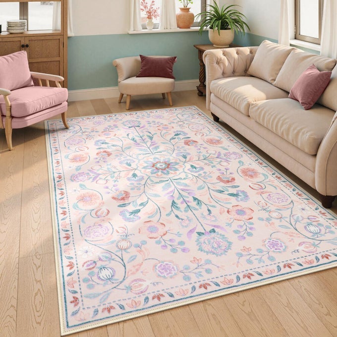 5X7 WASHABLE PINK FLORAL RUGS FOR BEDROOM GIRLS SOFT BOHO NURSERY RUGS FOR KIDS PLAYROOM DORM LARGE AREA RUGS FOR LIVING ROOM NON SLIP LOW PILE INDOOR CARPET FOR BEDSIDE GIRLS ROOM