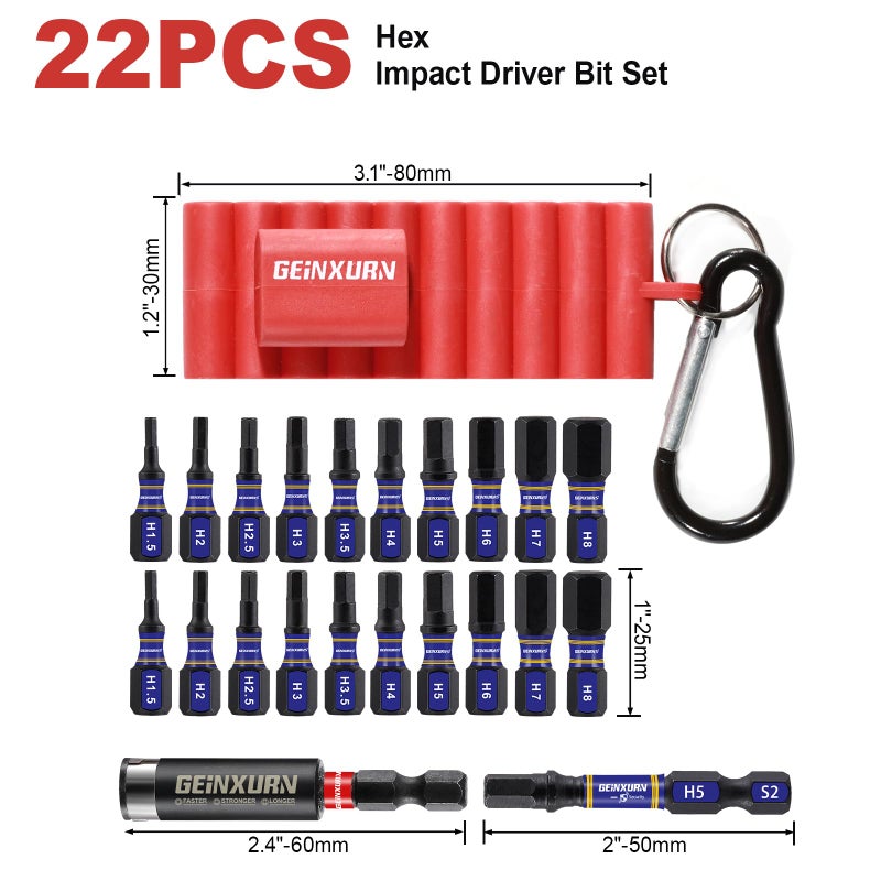 Geinxurn Impact Hex Screwdriver Bits Set,22 Pcs Magnetic Metric S2 Steel Multi Insert Power Bit Tips with Organizer Sleeve and Storage Strip - Image 2