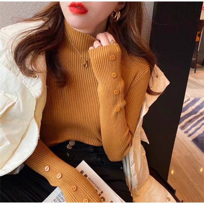 Half turtleneck sweater bottoming shirt womens autumn and winter 2025 new inside explosion foreign style solid color all-match knitted top Yellow