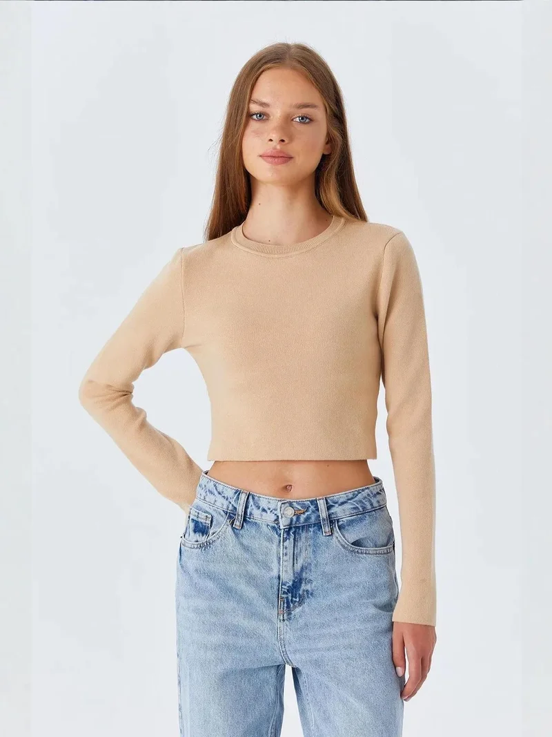 Mixray Tan Natural Mixray Long Sleeve Basic Crop Knit Top for Women | Best Price UAE
