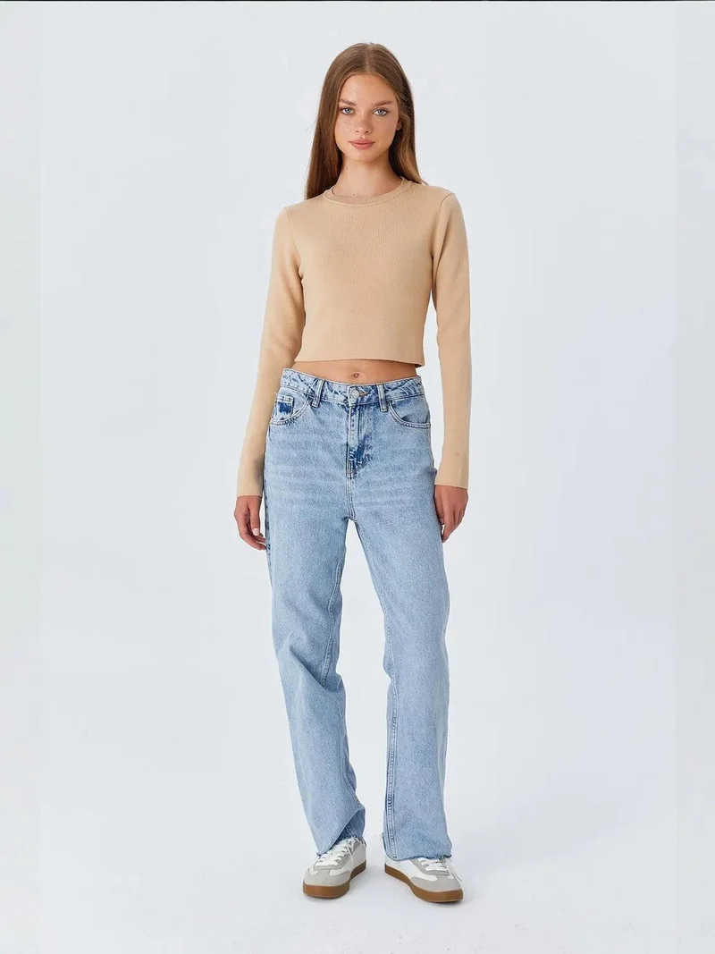 Mixray Tan Natural Mixray Long Sleeve Basic Crop Knit Top for Women | Best Price UAE