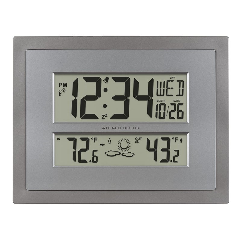 La Crosse Technology La Crosse Technology 51285937INT Atomic Digital Wall Clock with Temperature  Forecast in GraySilver 