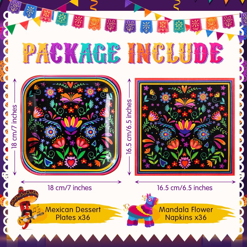 Zhehao 72 Pcs Mexican Party Supplies Set Serve 36  7"" Square Paper Dessert Plates and Fiesta Napkins Mandala Flower Disposable Dinnerware Decoration for Dia De Los Muertos Taco Party Supplies - Image 2