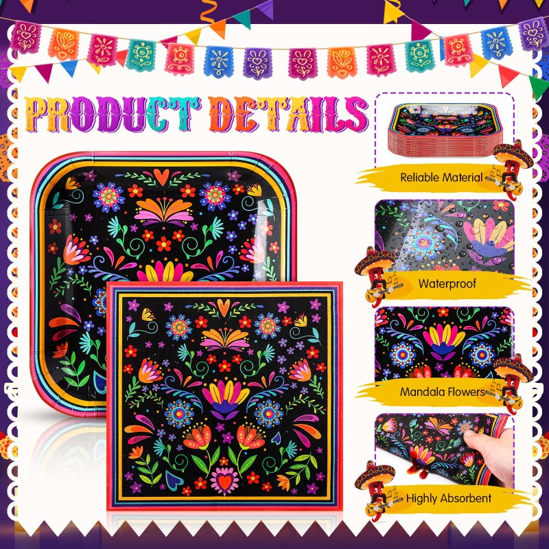 Zhehao 72 Pcs Mexican Party Supplies Set Serve 36  7"" Square Paper Dessert Plates and Fiesta Napkins Mandala Flower Disposable Dinnerware Decoration for Dia De Los Muertos Taco Party Supplies - Image 3