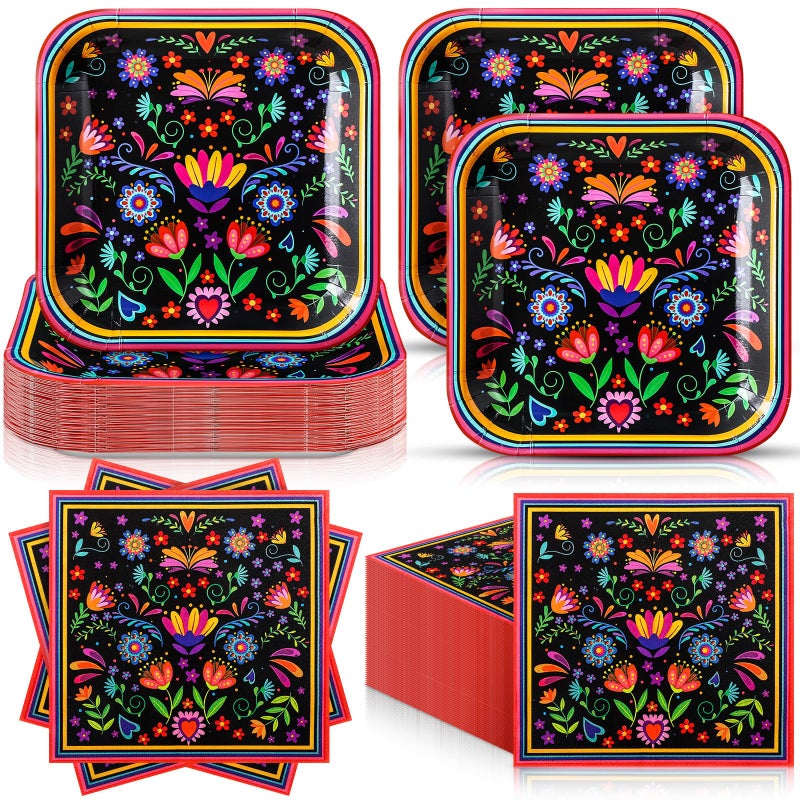 Zhehao 72 Pcs Mexican Party Supplies Set Serve 36  7"" Square Paper Dessert Plates and Fiesta Napkins Mandala Flower Disposable Dinnerware Decoration for Dia De Los Muertos Taco Party Supplies - Image 1