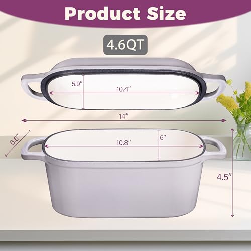 Vanderlume 4.6-Quart Oval Dutch Oven for Bread Baking, 2 in 1 Cast Iron Bread Pan with Lid, Sourdough Bread Dutch Oven for a Crispy Crust, Oyster Grey - Image 3