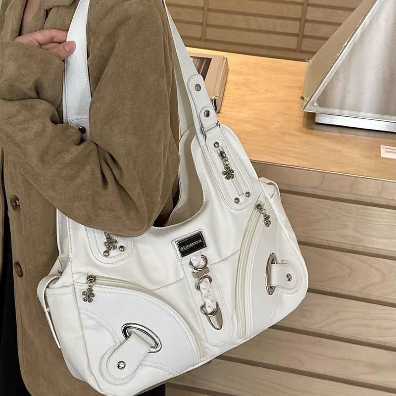 Women's White Y2K Motorcycle Style Large Capacity Retro Shoulder Tote Bag - Image 1