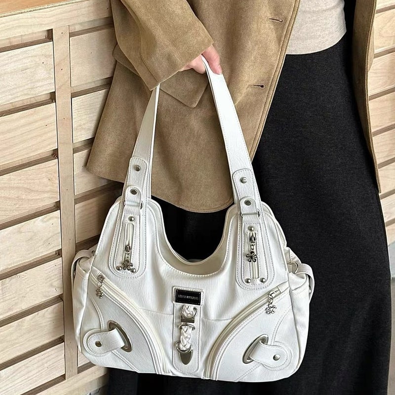 Women's White Y2K Motorcycle Style Large Capacity Retro Shoulder Tote Bag - Image 2