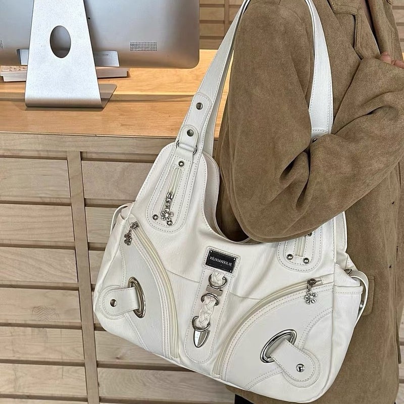 Women's White Y2K Motorcycle Style Large Capacity Retro Shoulder Tote Bag - Image 4