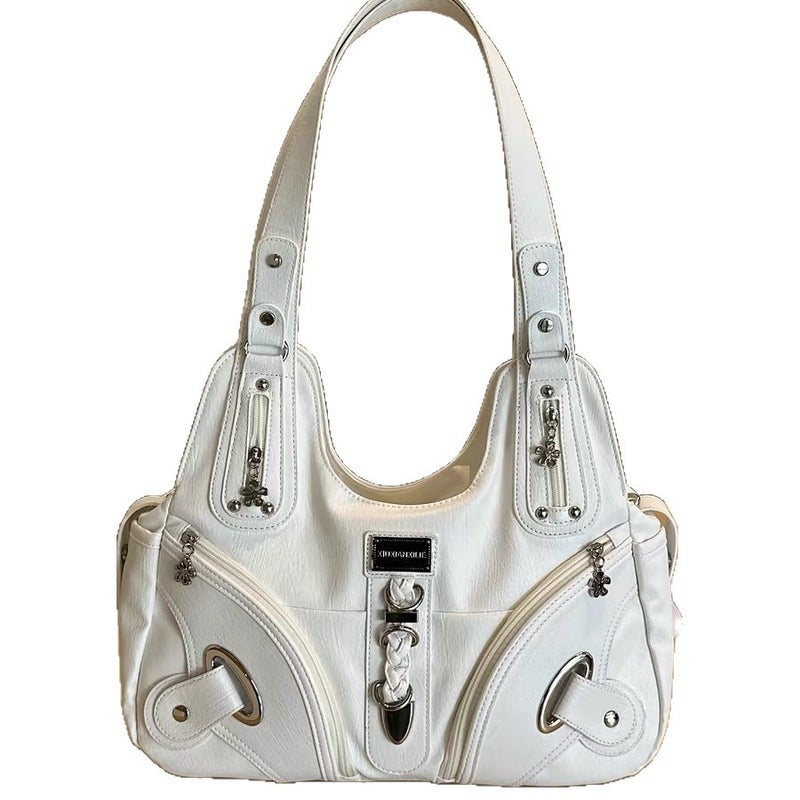 Women's White Y2K Motorcycle Style Large Capacity Retro Shoulder Tote Bag - Image 5