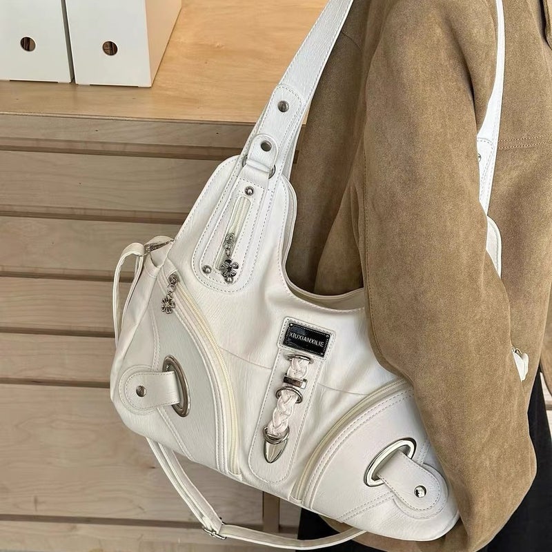 Women's White Y2K Motorcycle Style Large Capacity Retro Shoulder Tote Bag - Image 3
