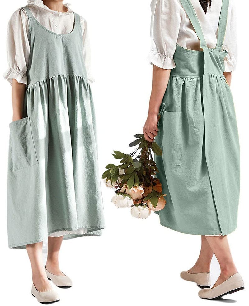 losofar Women Girls Cross Back Apron Gardening Works Cotton Aprons Pinafore Dress (green  32.3"" x 41.3"") - Image 5
