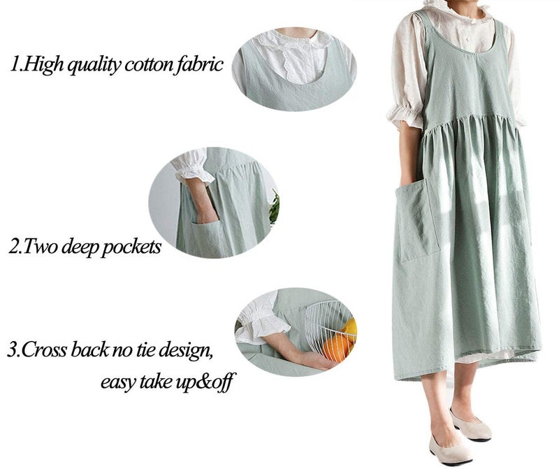 losofar Women Girls Cross Back Apron Gardening Works Cotton Aprons Pinafore Dress (green  32.3"" x 41.3"") - Image 2