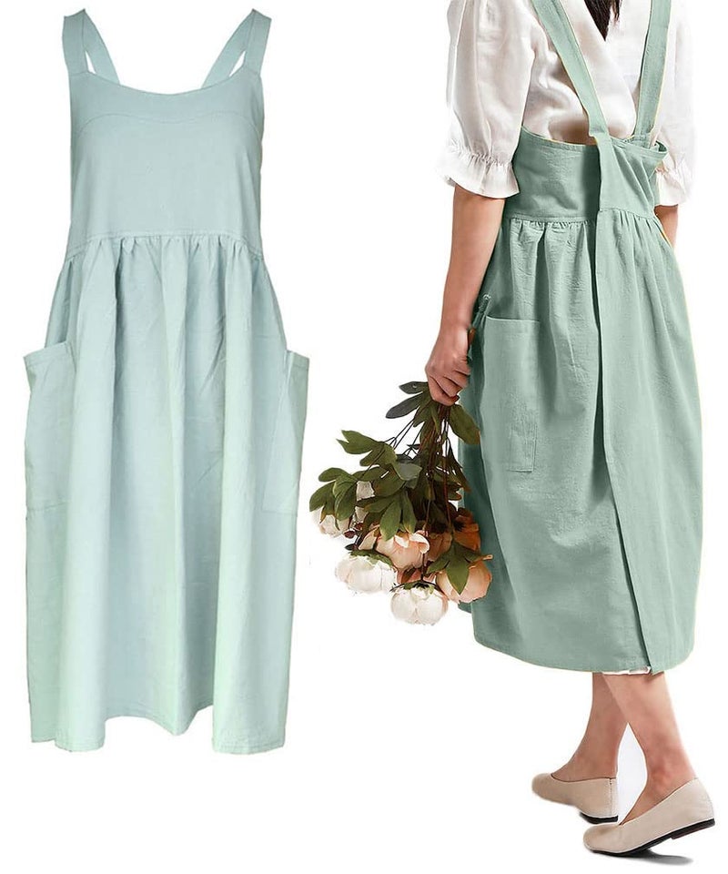 losofar Women Girls Cross Back Apron Gardening Works Cotton Aprons Pinafore Dress (green  32.3"" x 41.3"") - Image 1