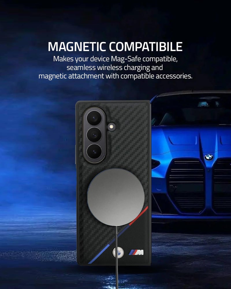 CG MOBILE BMW Case [Official Licensed] M Collection | Magnetic System, PU Leather & Carbon Case | Tricolor Stripe & Metal Logo Protective Case/Cover Designed for Galaxy Z Fold 7 - Black - Image 4