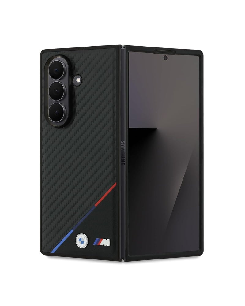 CG MOBILE BMW Case [Official Licensed] M Collection | Magnetic System, PU Leather & Carbon Case | Tricolor Stripe & Metal Logo Protective Case/Cover Designed for Galaxy Z Fold 7 - Black - Image 1