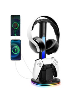 FlashHawk Controller Charging Station with RGB Headphone Stand for PS5 Controller,Charger Holder with 2 USB Charging Ports, Headset Stand for Playstation 5 Controller Charging Dock, Black  - Image 1