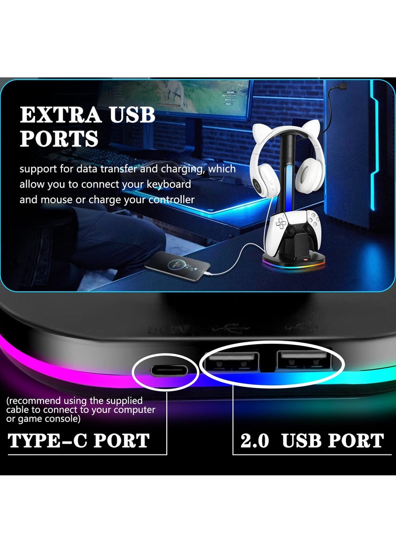 FlashHawk - Controller Charging Station with RGB Headphone Stand for PS5 Controller,Charger Holder with 2 USB Charging Ports, Headset Stand for Playstation 5 Controller Charging Dock, Black - Image 1