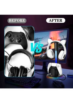 FlashHawk Controller Charging Station with RGB Headphone Stand for PS5 Controller,Charger Holder with 2 USB Charging Ports, Headset Stand for Playstation 5 Controller Charging Dock, Black  - Image 5