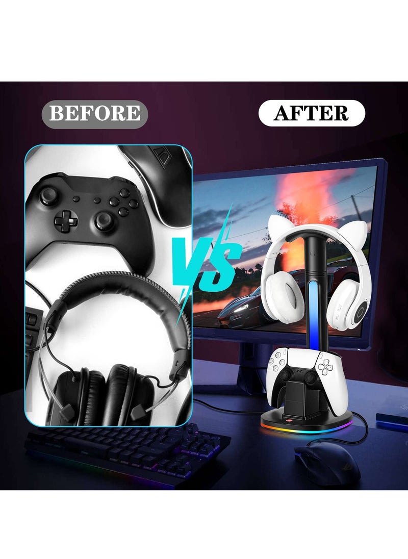 FlashHawk - Controller Charging Station with RGB Headphone Stand for PS5 Controller,Charger Holder with 2 USB Charging Ports, Headset Stand for Playstation 5 Controller Charging Dock, Black - Image 1