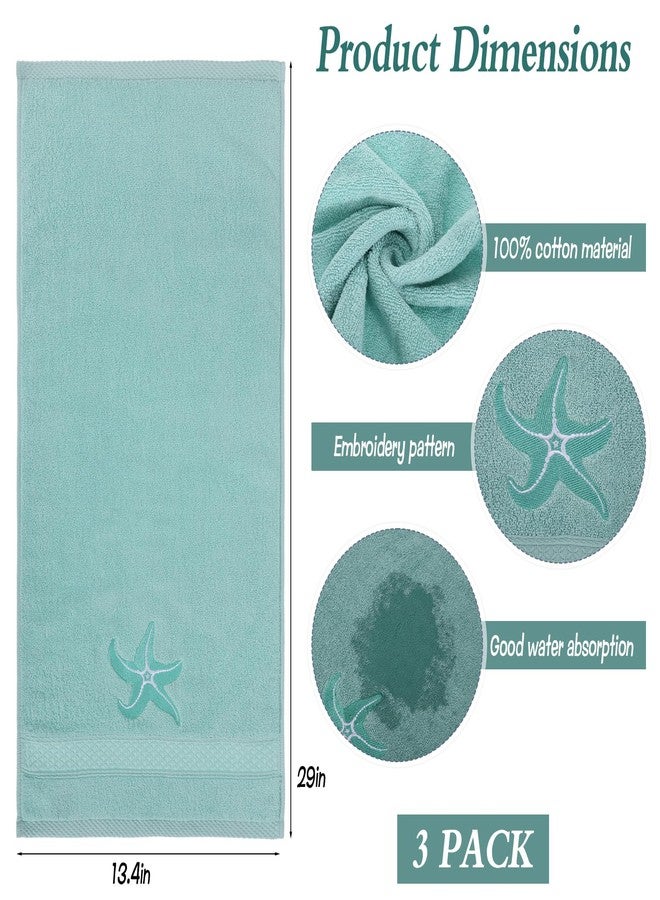 CODOHI 3 Pack Coastal Hand Towels for Bathroom 100% Cotton Embroidered Beach Bathroom Towels 13.4 x 29'' Starfish Blue Finger Towel Nautical Decorative Towel Gift for Summer Holiday - Image 2