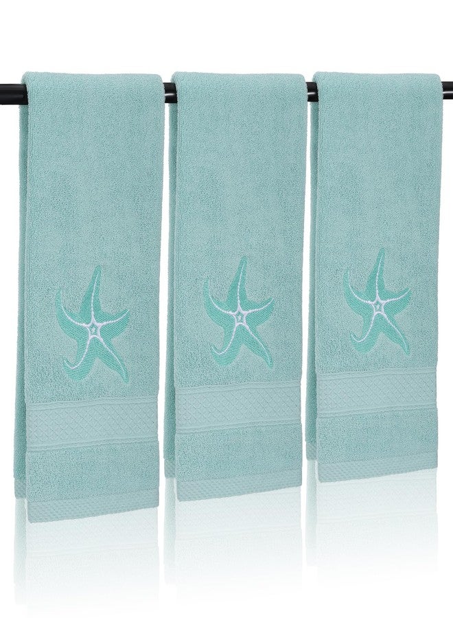 CODOHI 3 Pack Coastal Hand Towels for Bathroom 100% Cotton Embroidered Beach Bathroom Towels 13.4 x 29'' Starfish Blue Finger Towel Nautical Decorative Towel Gift for Summer Holiday - Image 1