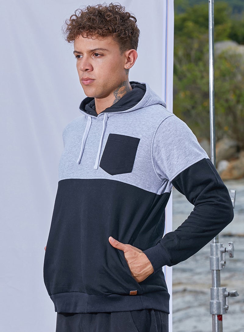 Campus Sutra Men's Black & Grey Pullover Hoodie With Patch Pocket - Image 3