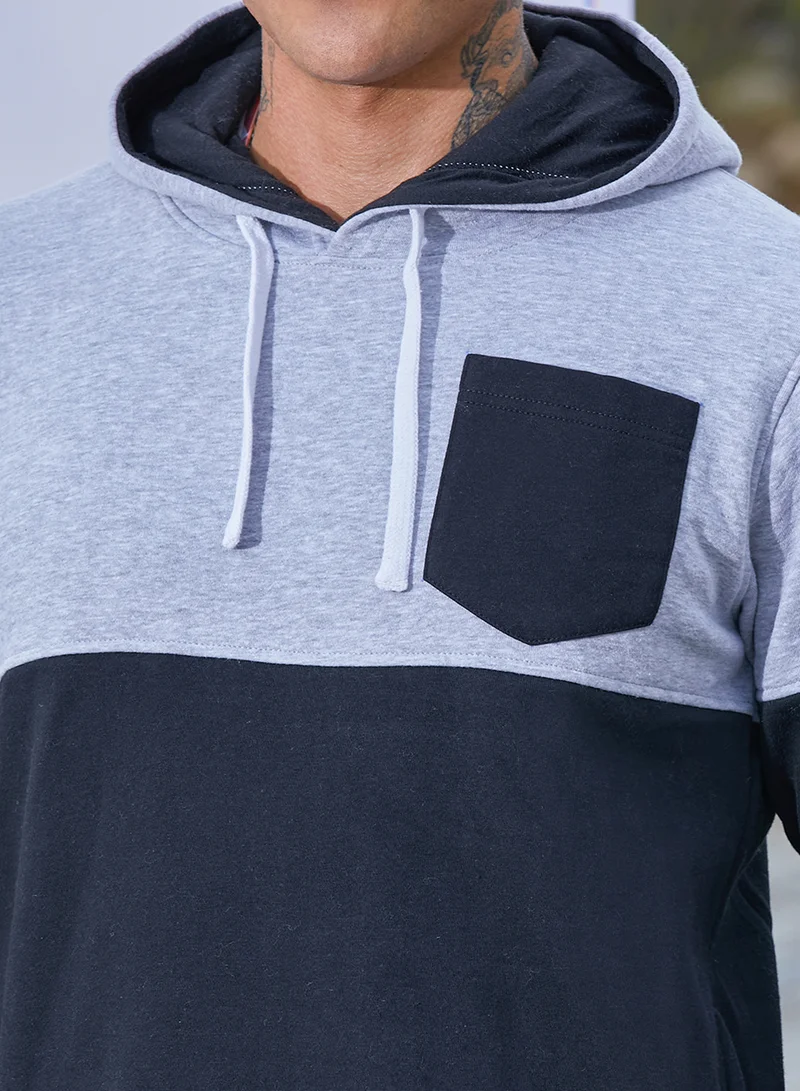 كامبوس سوترا Men's Black & Grey Pullover Hoodie With Patch Pocket