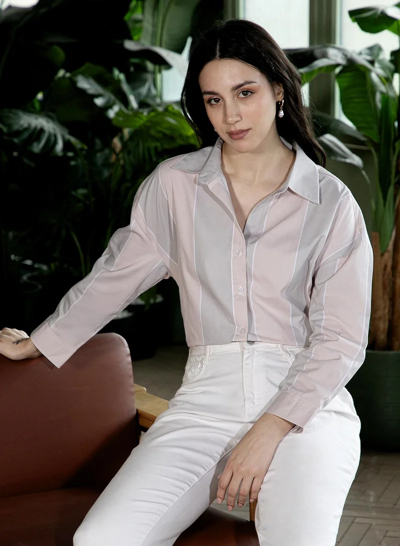 بينيا كولادا قميص نسائي مخطط بقصة واسعة بياقة عريضة وأكمام طويلة بأزرار، قميص جاكار منسوج للملابس الكاجوال واليومية، وردي باستيل ورمادي غائم