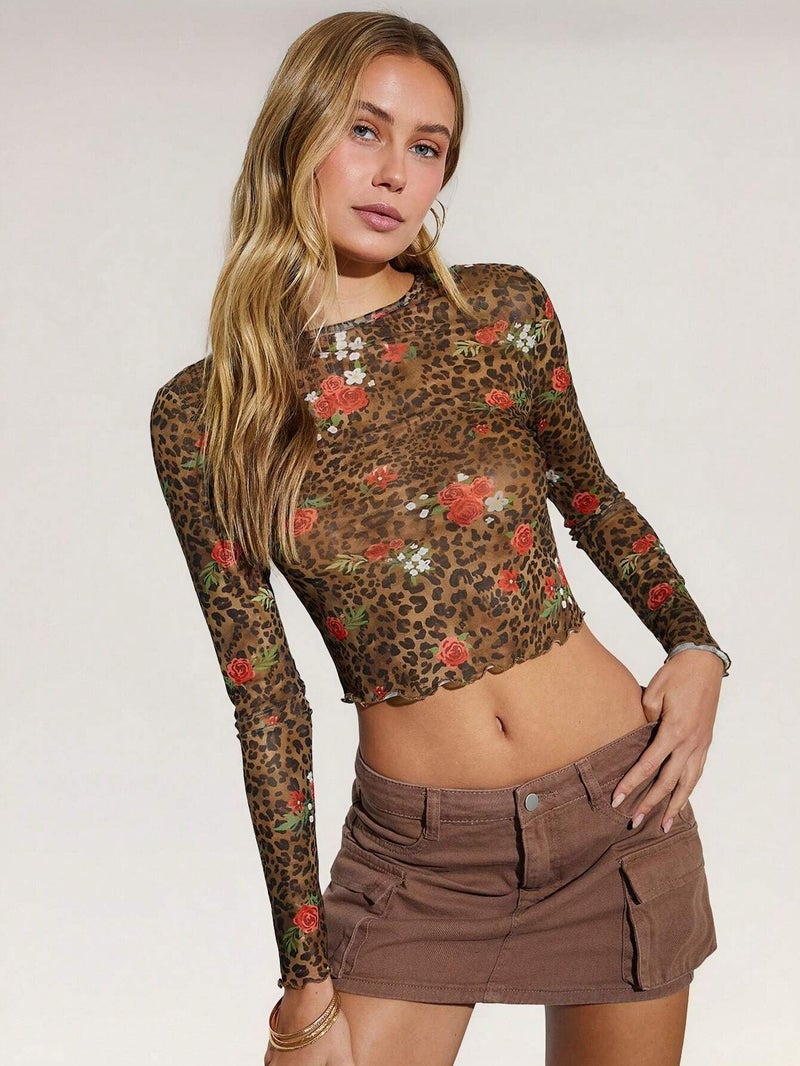 Women's Leopard Floral Print Mesh Round Neck Short Sleeve Tunic Top - Image 2