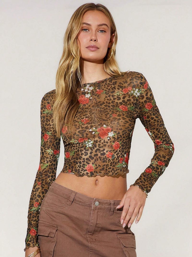 Women's Leopard Floral Print Mesh Round Neck Short Sleeve Tunic Top - Image 1