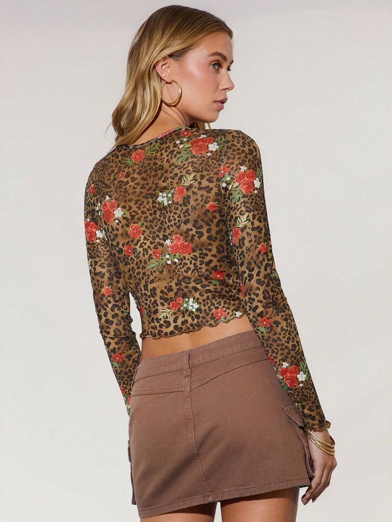 Women's Leopard Floral Print Mesh Round Neck Short Sleeve Tunic Top - Image 3