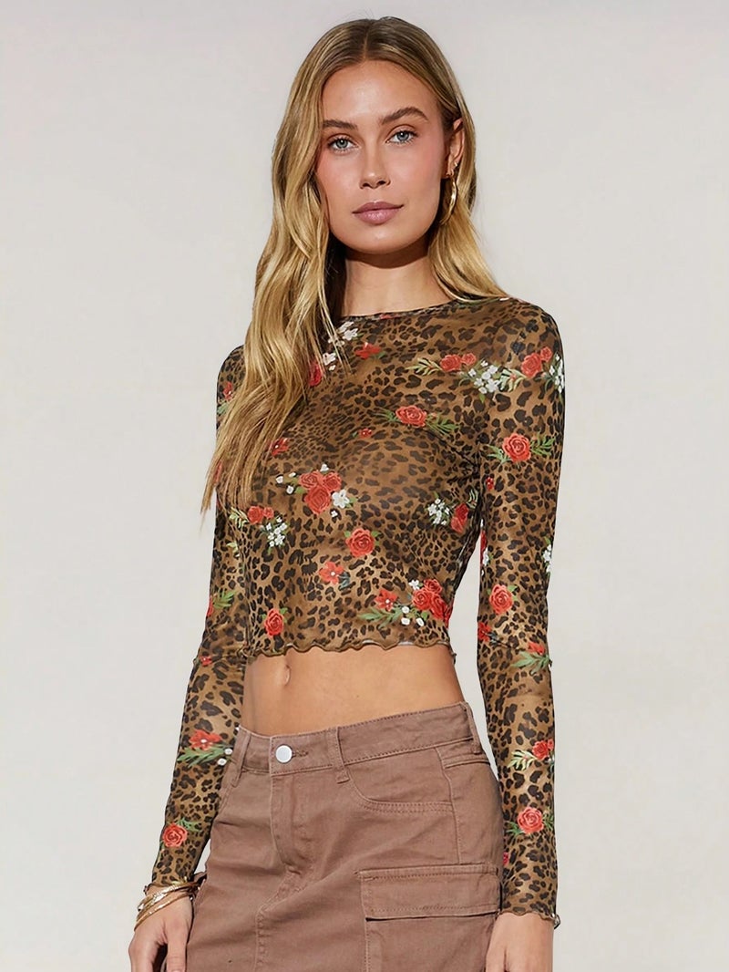 Women's Leopard Floral Print Mesh Round Neck Short Sleeve Tunic Top - Image 5