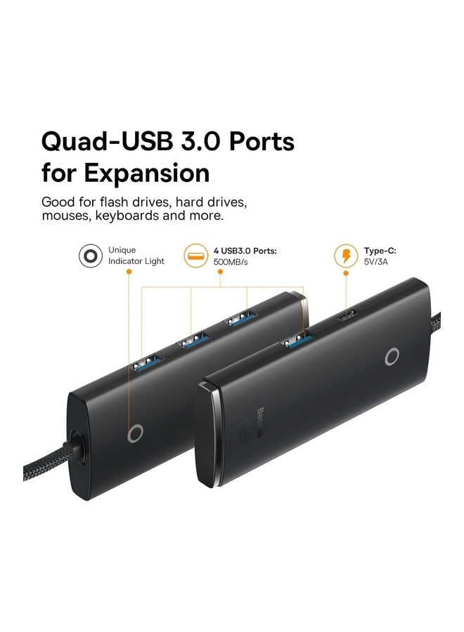 بيسوس موزع ومحول منافذ USB 3.0 وناقل بيانات بـ 4 منافذ بسرعة عالية 5 جيجابايت في الثانية يتوافق مع أجهزة سيرفيس برو وماك بوك وماك ميني وآي ماك وديل إكس بي إس وسامسونج جالاكسي تاب وفلاش درايف USB أسود - Image 3