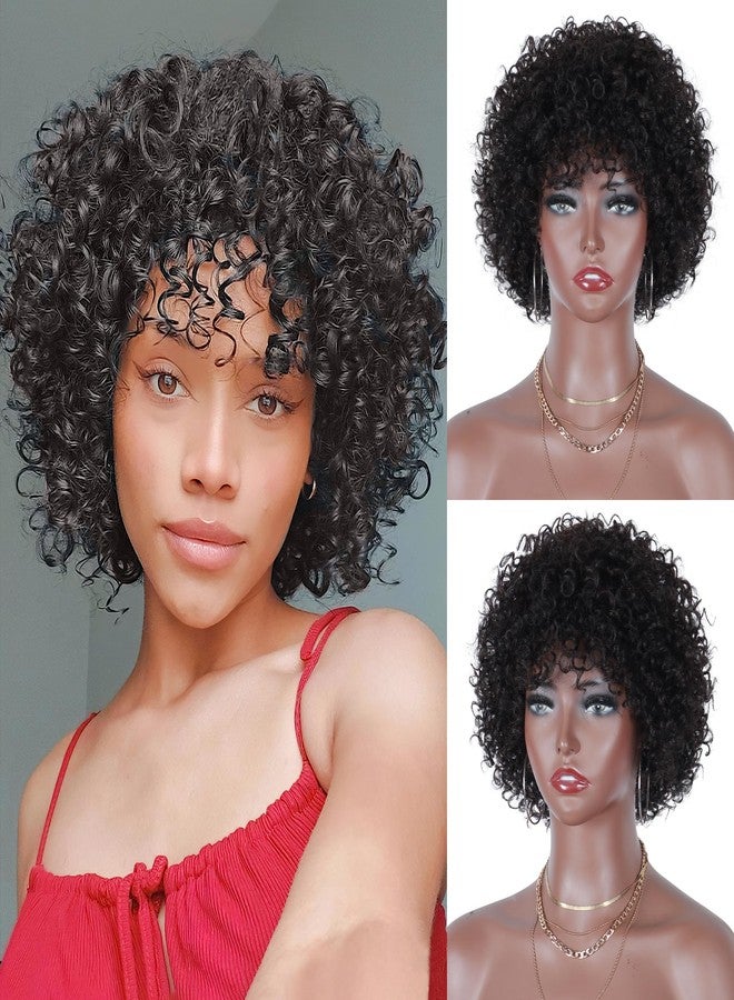 Alebery 10 Inch Afro Kinky Curly 100% Human Hair Wigs for Black Women Glueless Wear and Go Curly Wig with Bangs Brazilian Virgin Hair Short Curly Bob Wig Beginner Friendly - Image 1