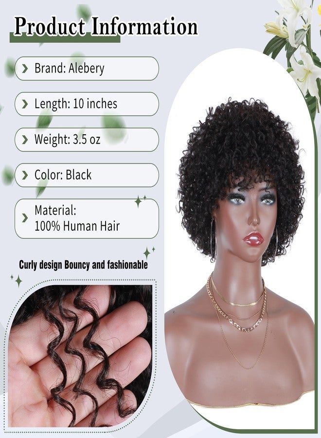 Alebery 10 Inch Afro Kinky Curly 100% Human Hair Wigs for Black Women Glueless Wear and Go Curly Wig with Bangs Brazilian Virgin Hair Short Curly Bob Wig Beginner Friendly - Image 2