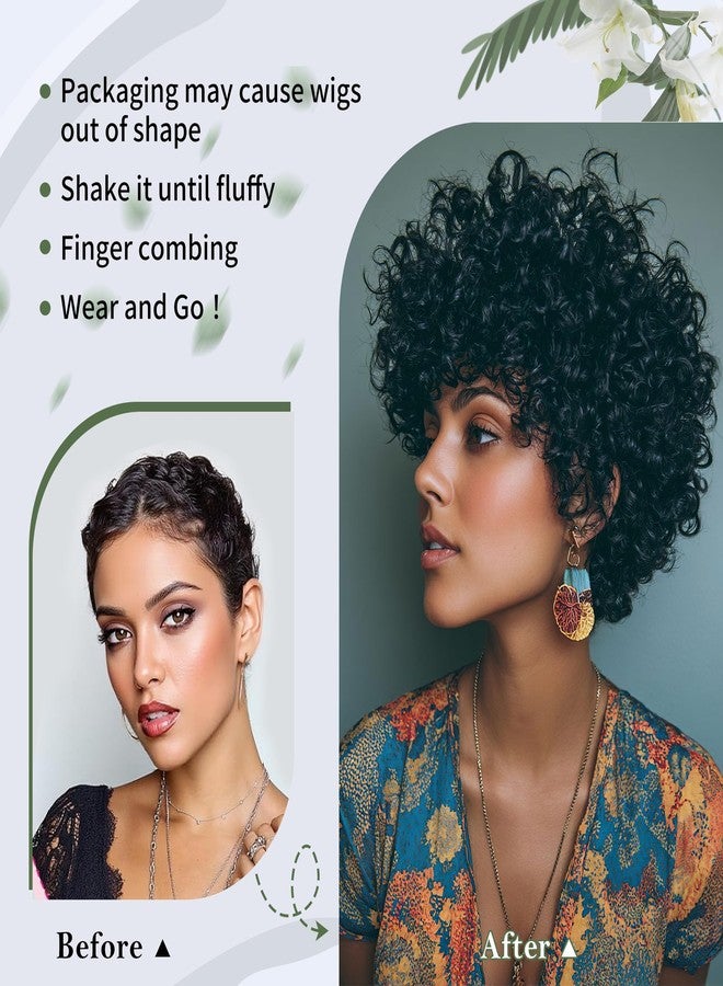 Alebery 10 Inch Afro Kinky Curly 100% Human Hair Wigs for Black Women Glueless Wear and Go Curly Wig with Bangs Brazilian Virgin Hair Short Curly Bob Wig Beginner Friendly - Image 4