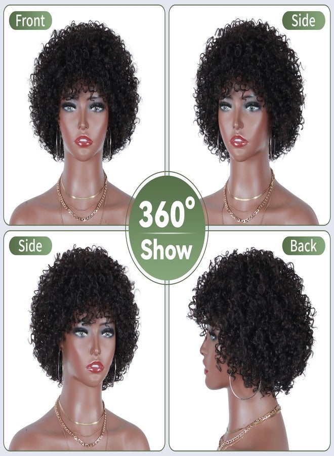 Alebery 10 Inch Afro Kinky Curly 100% Human Hair Wigs for Black Women Glueless Wear and Go Curly Wig with Bangs Brazilian Virgin Hair Short Curly Bob Wig Beginner Friendly - Image 3