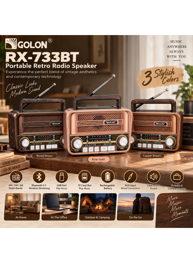 Golon RX-733BT Portable Retro Bluetooth 5.3 Radio Speaker with FM AM SW Multi-Band Receiver USB Flash Drive and TF Card - Image 2