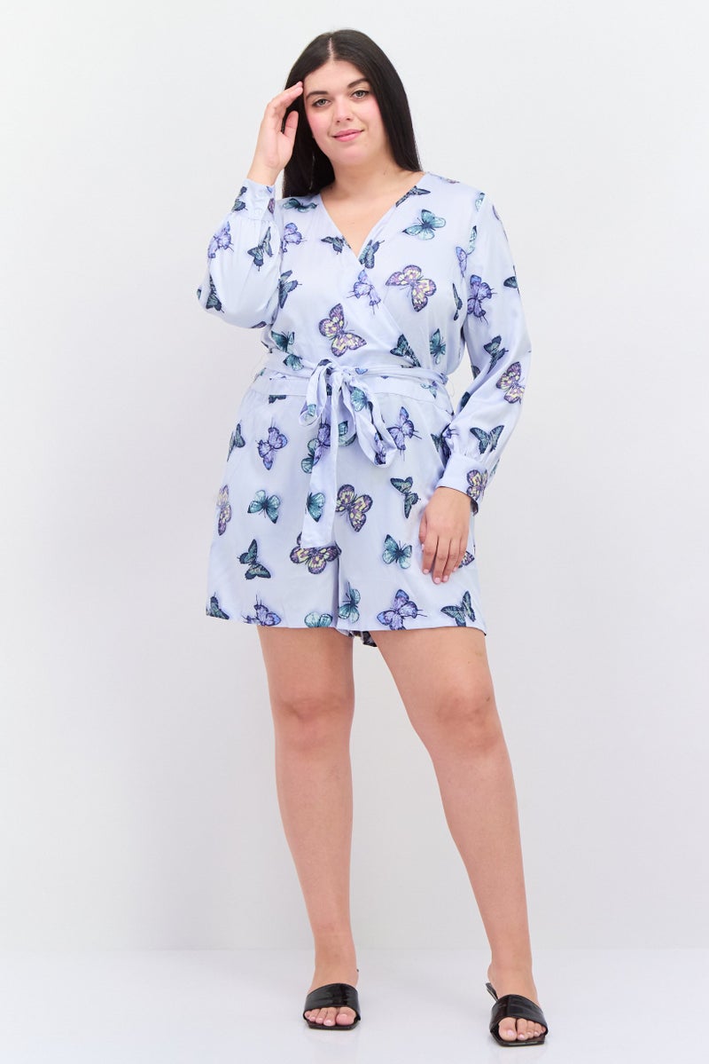 Nina Parker Women Plus Size Allover Print Belted Playsuit, Blue Combo  - Image 3
